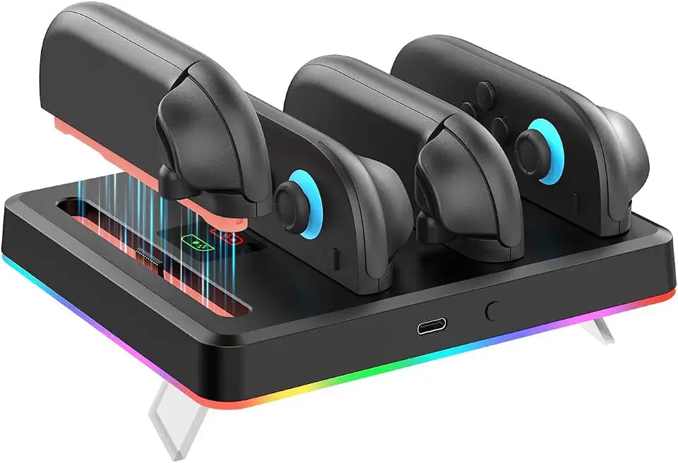 NexiGo Verbesserte Controller-Ladestation kompatibel mit Nintendo Switch 2, Ladestation für Joy-Cons mit Mehreren RGB-Lichtmodi, Tonbenachrichtigungen, LED-Anzeigen, integriertem Ständer