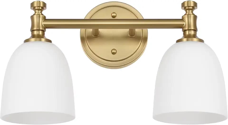 Gold Bathroom Vanity Light Fixtures, 2-Light Over Mirror, Traditional Vanity Lights for Living Room, Milk White Glass Shades, Standard E26 Base, Aged Brass, 16.3" W x 9.4" H x 6.25" D