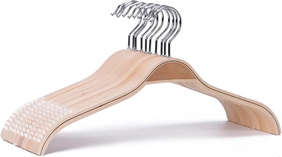 JS Slim Wood Hangers 30-Pack - Natural Wood Non-Slip Hangers with Rubber Grips for Sweaters, Dresses, Coats & Jackets - No Shoulder Bump Hangers for Closet Organization & Space-Saving Storage