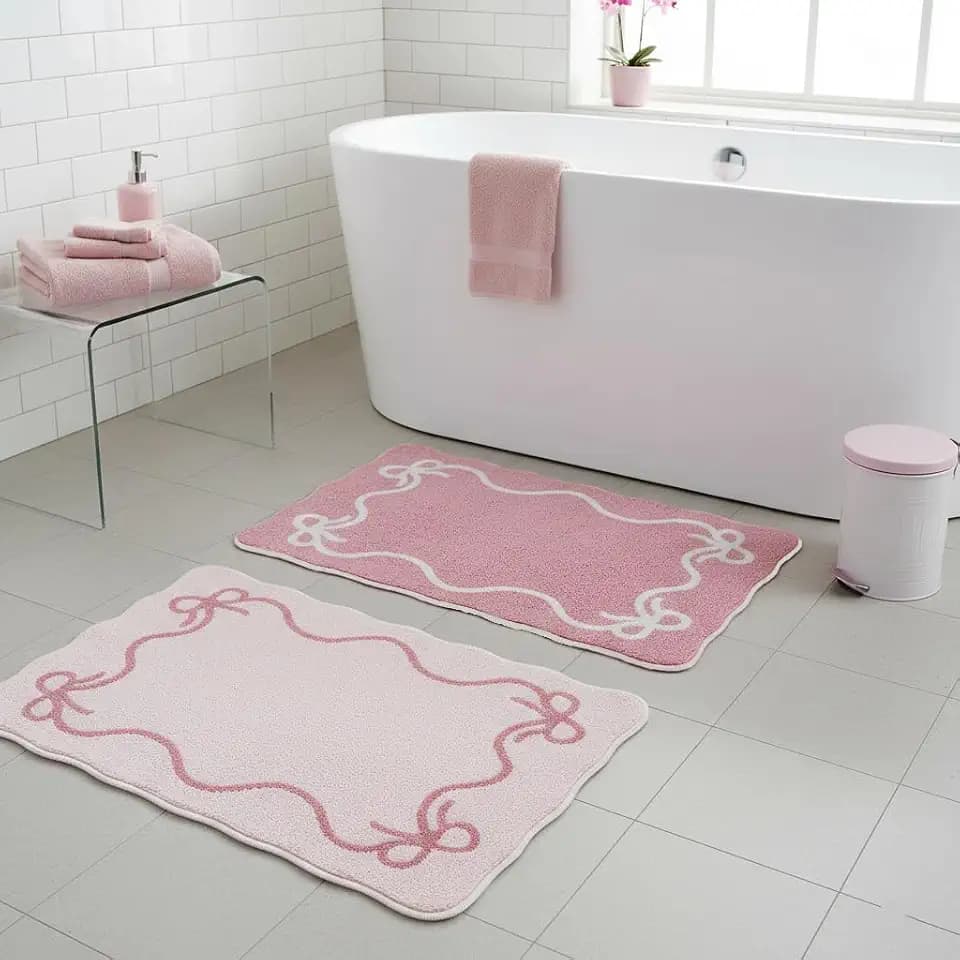 Pink Bow Plush Bath Mats, 2 Pack, 19.7 x 31.5 in with 8 Non-Slip Stickers