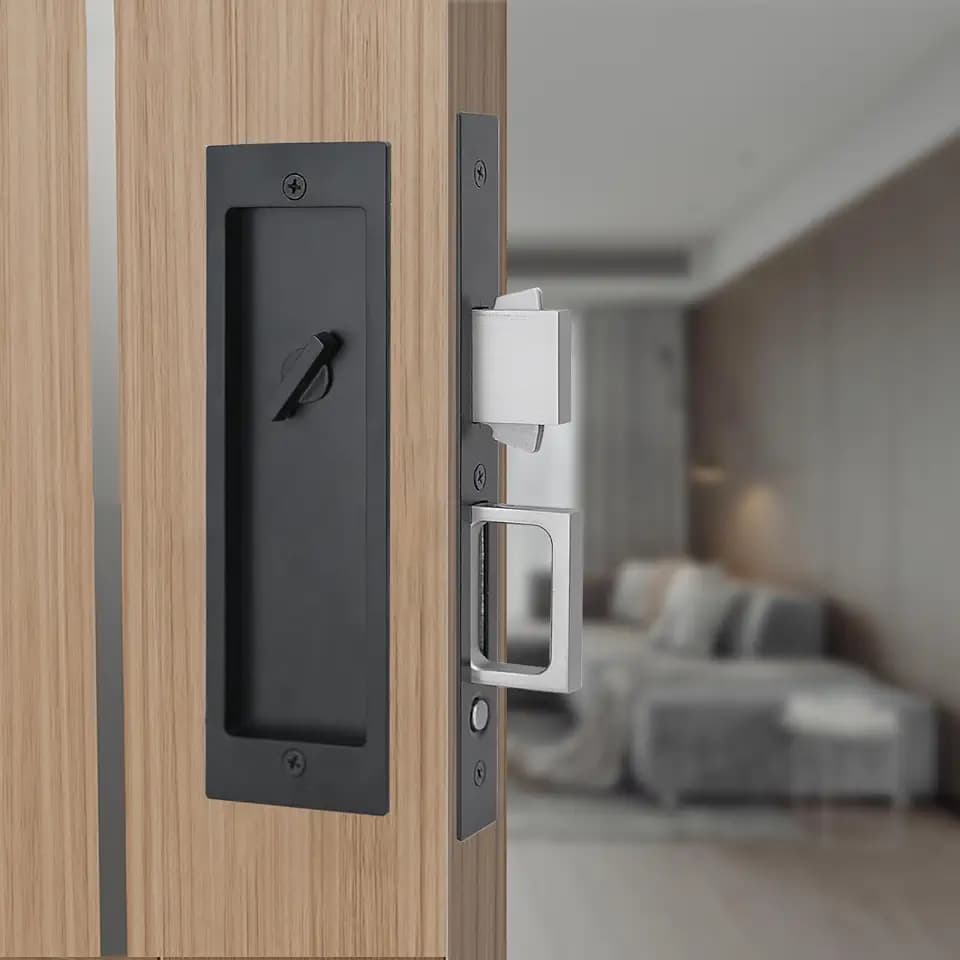 LWZH Privacy Pocket Door Lock Hardware, Push-to-Pop Bounce Pull Ring, Recessed Hidden Handle Pocket Door Lock (Black)
