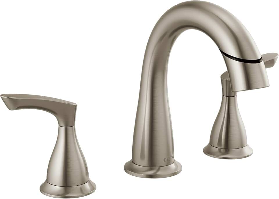 Delta Broadmoor Brushed Nickel Bathroom Faucet with Sprayer, 8 Inch 3 Hole Widespread Bathroom Sink Faucet with Pull Out Sprayer, Push-Pop Drain, SpotShield Stainless 35765LF-SPPD