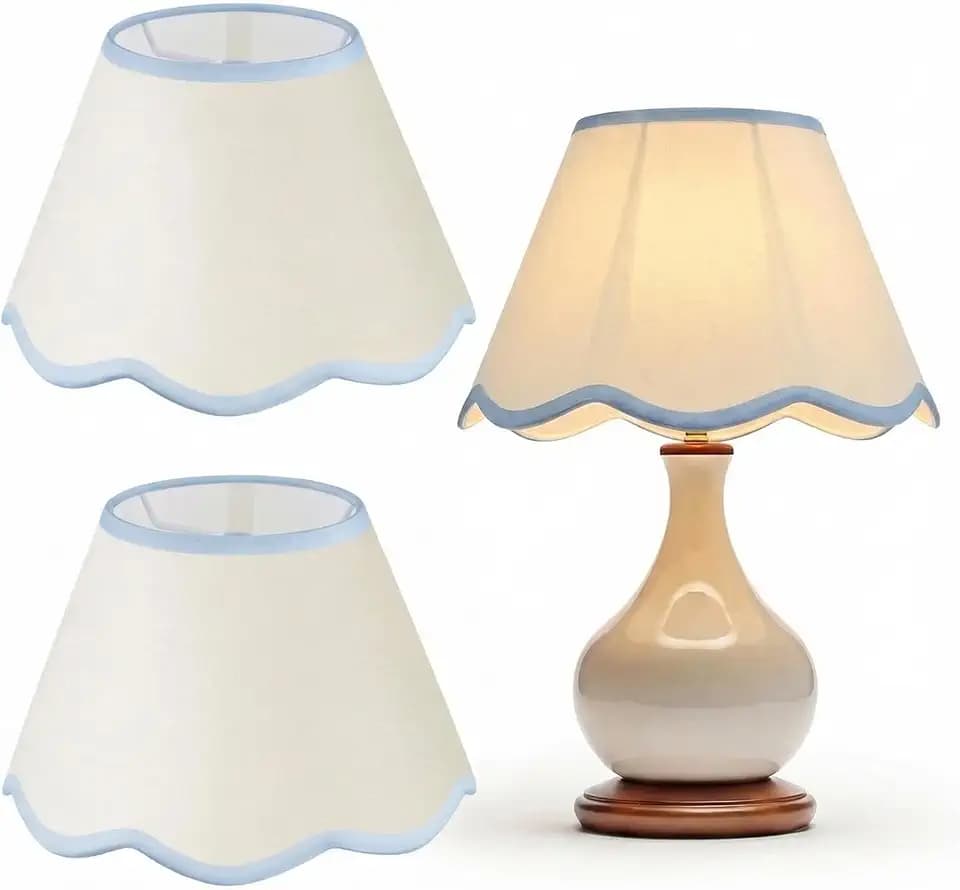 VIHOSE 9.4'' Bottom x 5.9'' High x 5.1'' Top Set of 2 Beige Lamp Shade with Petal Edge, Fabric Chandelier Scalloped Lampshade, for Floor Wall Lamps Table Bedroom Living Room(Blue Edge)