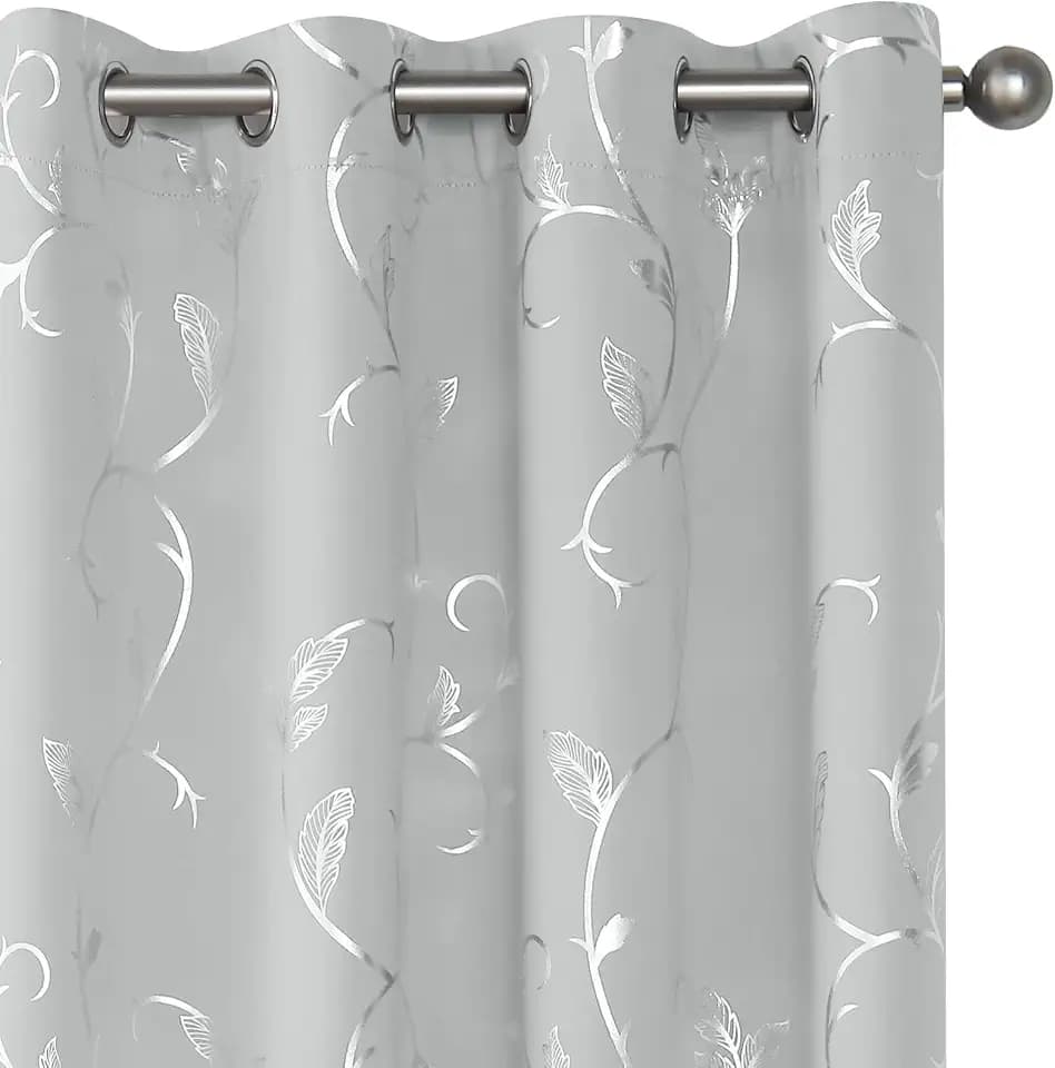 BUHUA Silver Grey Blackout Curtain 2 Panel Set Vine Foil Print Thermal Insulated Drapes Room Darkening Curtains Grommet Window Treatment, 38 x 72 Inch, Silver Grey