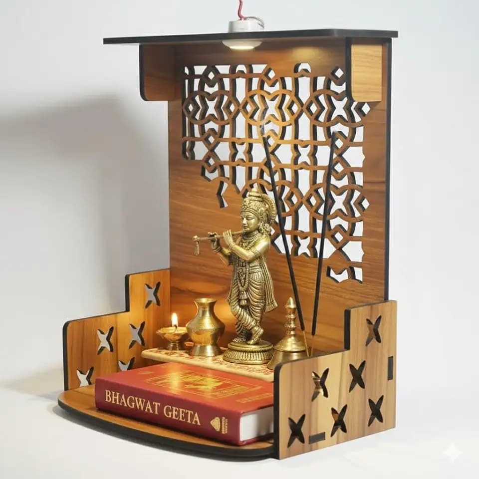 Wooden Pooja Stand for Home,Temple, Office, Wall Mounted Puja Mandir with LED Spot Light Indian Religious Pooja Home Decor Item Size (L- 29 CM, W- 25 CM, H - 37.5 CM)