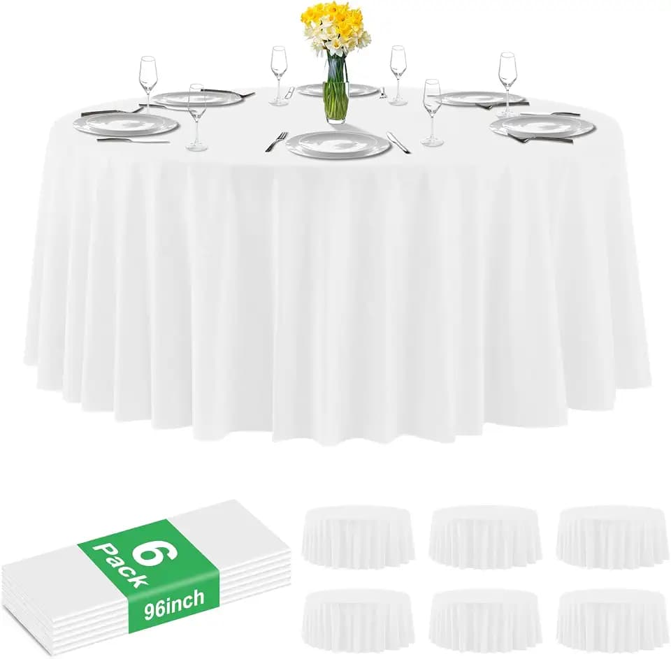6 Pack White Plastic Tablecloth 96 Inch Round Disposable Table Cloth, Waterproof Table Cover for Weddings, Banquets, Buffets & All Occasions