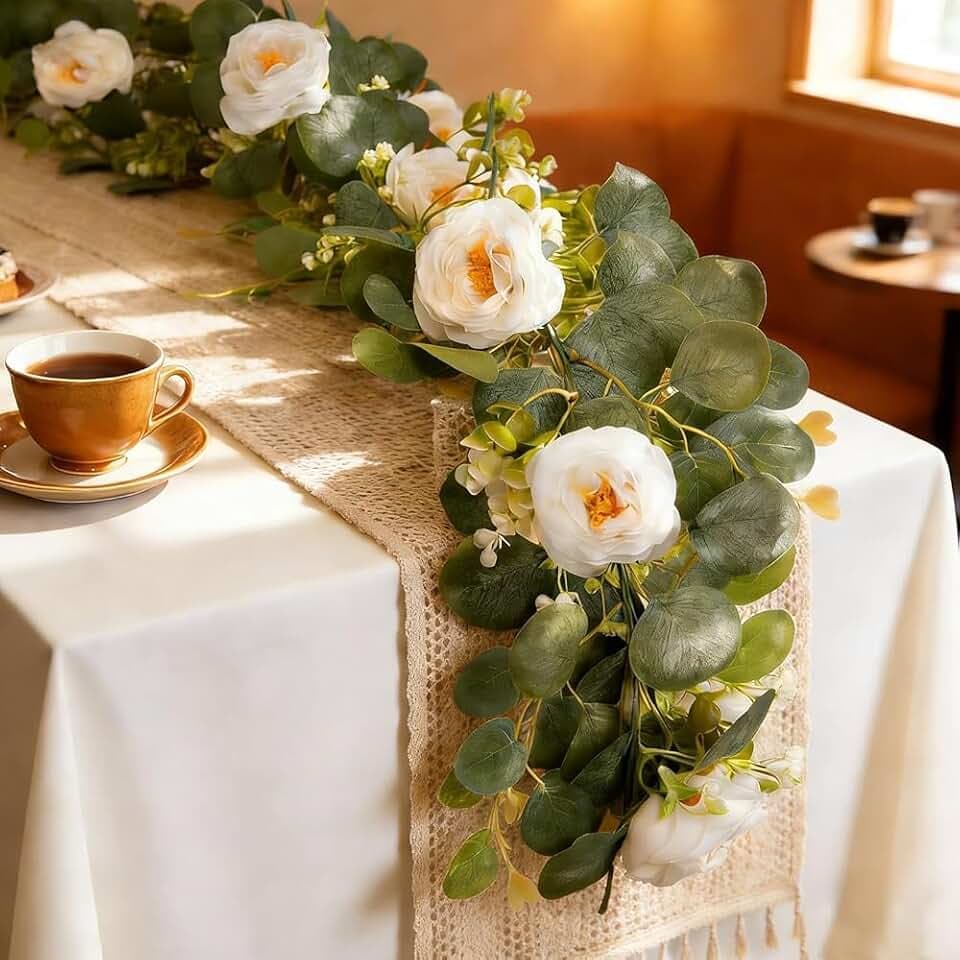 LumBelle 2 Pack Total 12FT Artificial Eucalyptus Garland with White Rose
