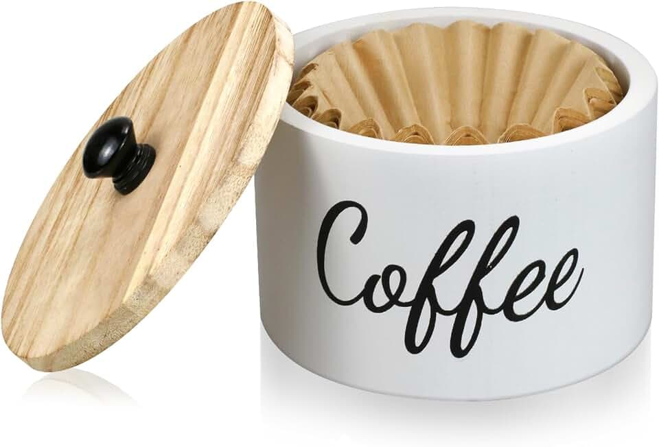 Wooden Coffee Filter Holder with Lid, Basket Coffee Filter Storage Container for Counter, Rustic Farmhouse Café Bar Decor, 50 Count Capacity (White)
