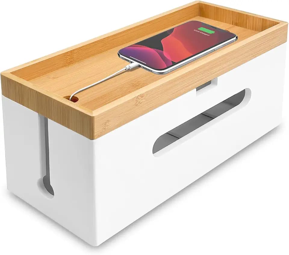 Kabelbox Holz (Weiß/Groß) aus nachhaltigem Bambus - Kabelmanagement Box zum Kabelsalat Kabel Verstecken - Steckdosenbox Kabelsammler Kabel Organizer Box