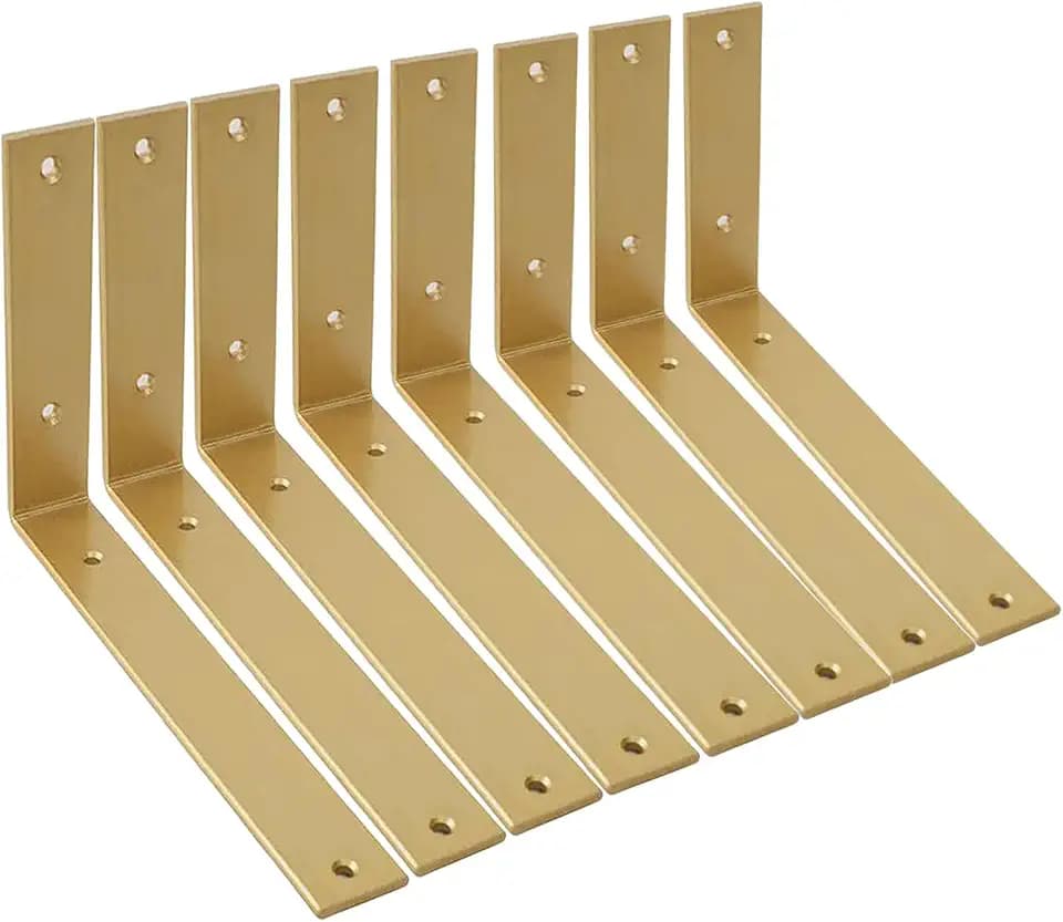 Shelf Brackets 10 Inch Wall L Brackets 8PCS Heavy Duty for Shelves Metal Gold Rustic Industrial Brackets for DIY Opening Shelves Project Hardware Included