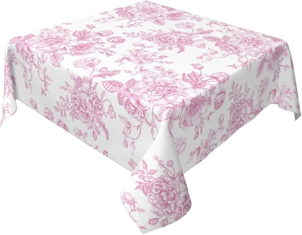 Pink Floral Tablecloth 60x60 Inch Square Vintage Chinoiserie Flower Table Cloth Spring Decorative Polyester Stain Resistance Square Table Cover for Party Picnic Kitchen Decoration Outdoor Indoor