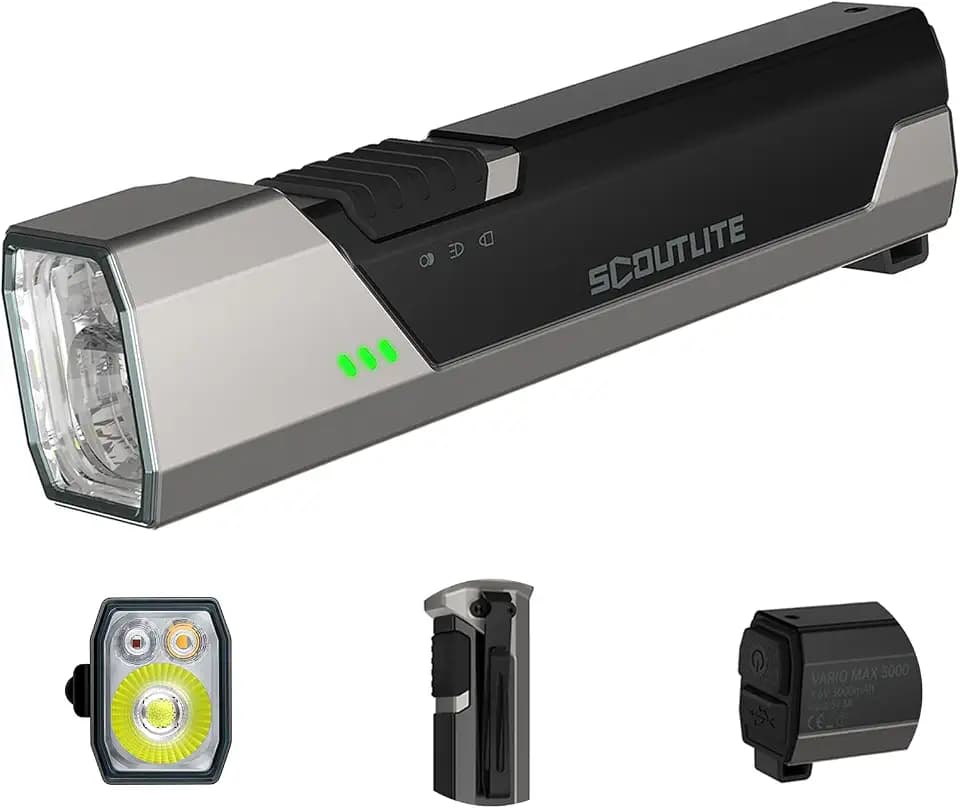 SCOUTLITE Vario MAX 3000 Handheld Flashlight, Rechargeable LED Pocket Light with White, Red and Amber Lights, Waterproof IPX6 Tactical Flat for Camping, Outdoor & Emergency Working