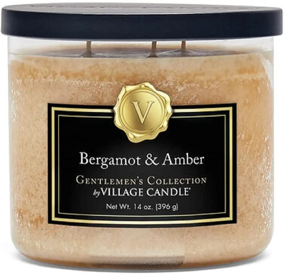 Village Candle Bergamot & Amber Glass 3-Wick Bowl, Scented Candle, 14 oz., Brown.