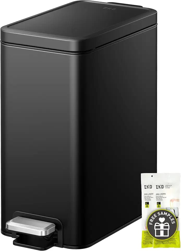 EKO Small Bathroom Trash Can with Lid Soft Close, Step Pedal, 10 Liter / 2.6 Gallon Stainless Steel Garbage Can with Removable Inner Bucket, Anti-Fingerprint Finish (Matte Black)