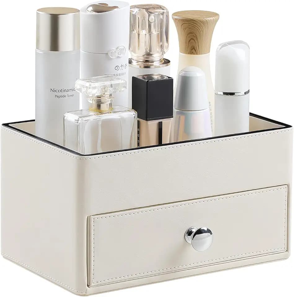 PU Leather Desk Organizer with Drawer, Nightstand Organizer, Beige