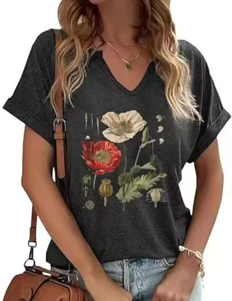 Earlymemb Womens Vintage Flowers V Neck Shirt Boho Floral Wildflowers Graphic Tee Casual Cottagecore Short Sleeve T Shirt