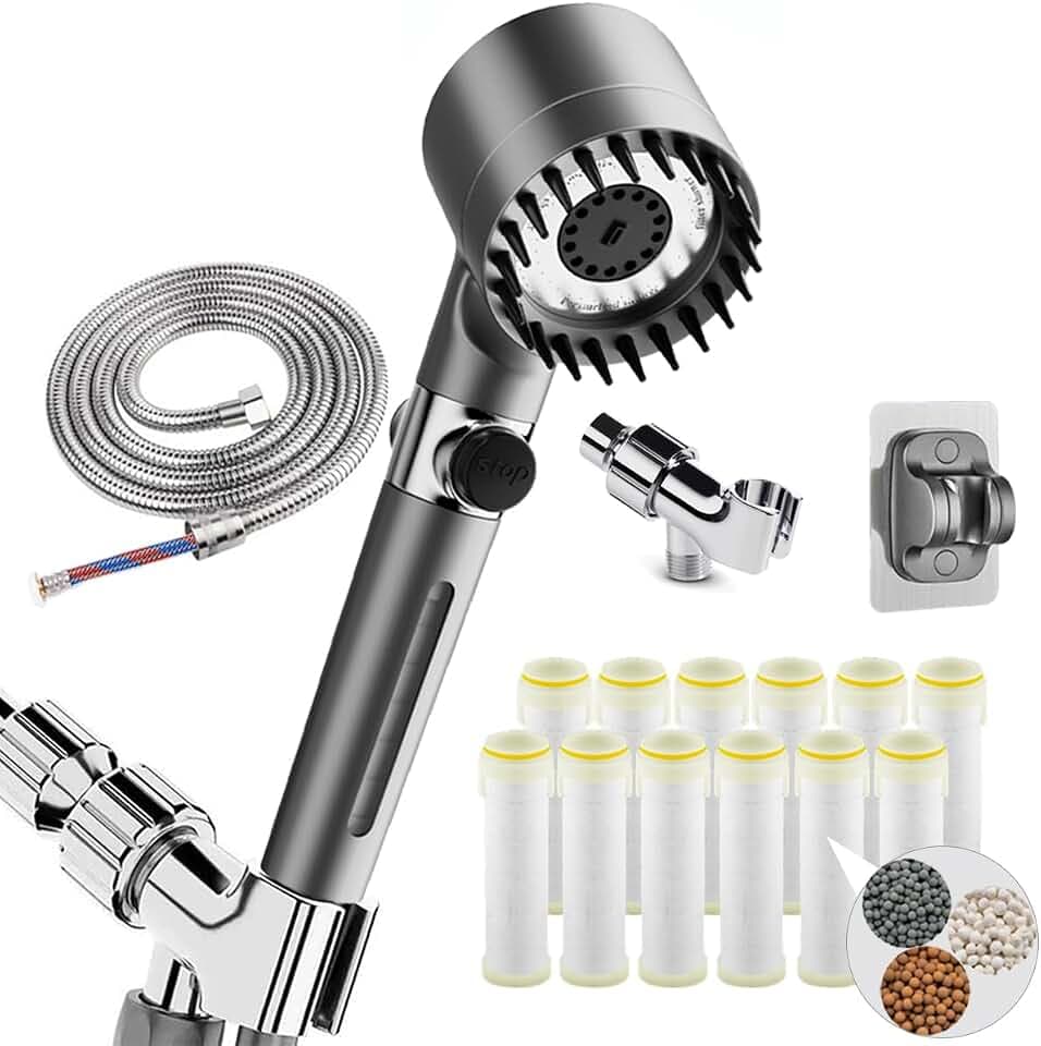Filtered Shower Head with Handheld - High Pressure 3 Spray Modes Showerhead with Filters, 12 Replaceable Water Softener Filters for Hard Water | Ion Shower Head with 75" Anti-Burst Hose