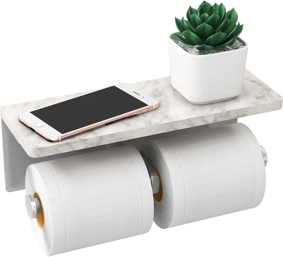 Gypie Toilet Paper Holder with Marble Shelf, Double Brushed Nickel