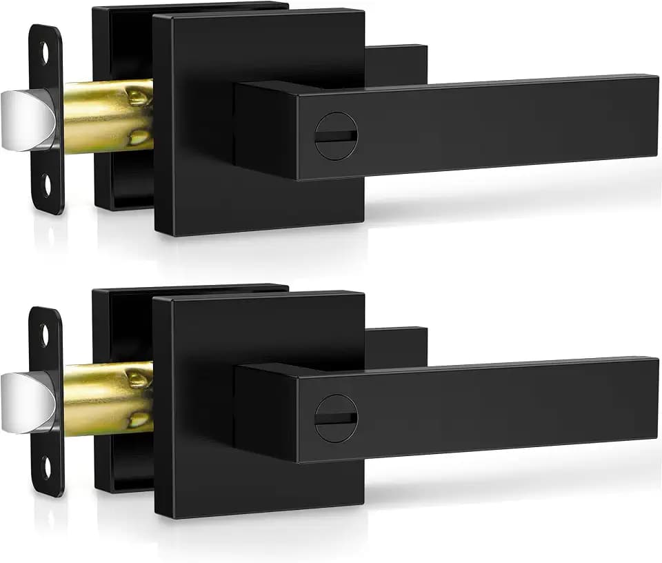 Plustool 2 Pack Matte Black Door Handles Interior, Keyless Interior Door Knobs, Privacy Door Locks for Bedroom Bathroom, Heavy Duty Square Door Lever Locksets, Reversible for Left&Right Handled Doors