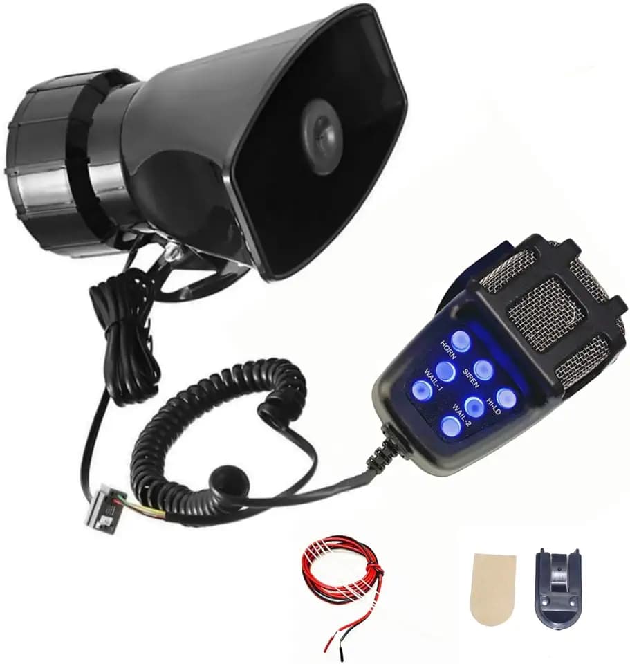 Warnung Alarmhorn Sirene Horn Blaues Licht Knopflicht 130db Car Horn Lufthorn Hooter Notfall Sound Verstärker Auto Sirene mit Mic PA Lautsprecher System 7-Töne Autohupe für 12V Auto Boot ect