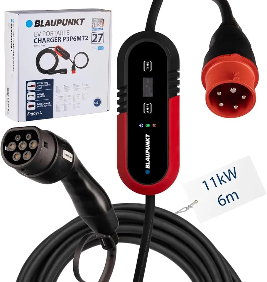 BLAUPUNKT Mobile Wallbox Ladestation 11kW Typ 2 Ladekabel für Elektroautos | 6m 3 phasig mit CEE Steckdose | Ideal für VW ID 4 Cupra Born BYD Seal etc.