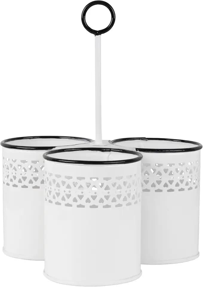 Mikasa Gourmet Basics Eden Utensil Caddy, 3-Compartment Flatware Holder with Pierced Iron Design, White and Black, 11 Inch - Kitchen Countertop and Picnic Organizer