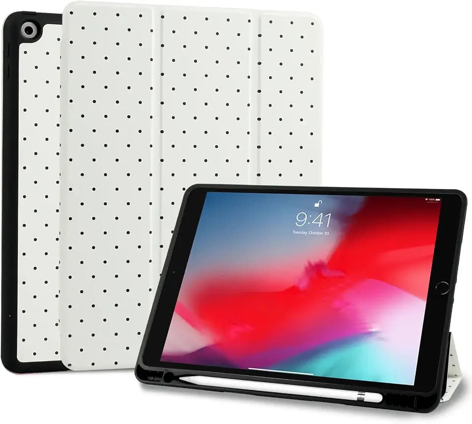 Hülle für iPad 9./8./7. Generation 2021/2020/2019 10,2 Zoll Hülle mit Bleistifthalter, Trifold Ständer mit Kratz,Cute Polka-Dot Muster Schutzhülle für iPad 9/8/7- Beige