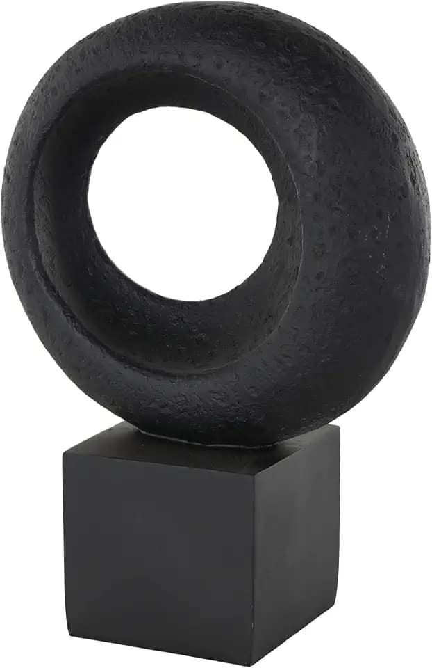 Deco 79 Polystone Geometric Decorative Sculpture Textured Cutout Ring Home Decor Statue with Block Base, Accent Figurine 10" x 5" x 14", Black