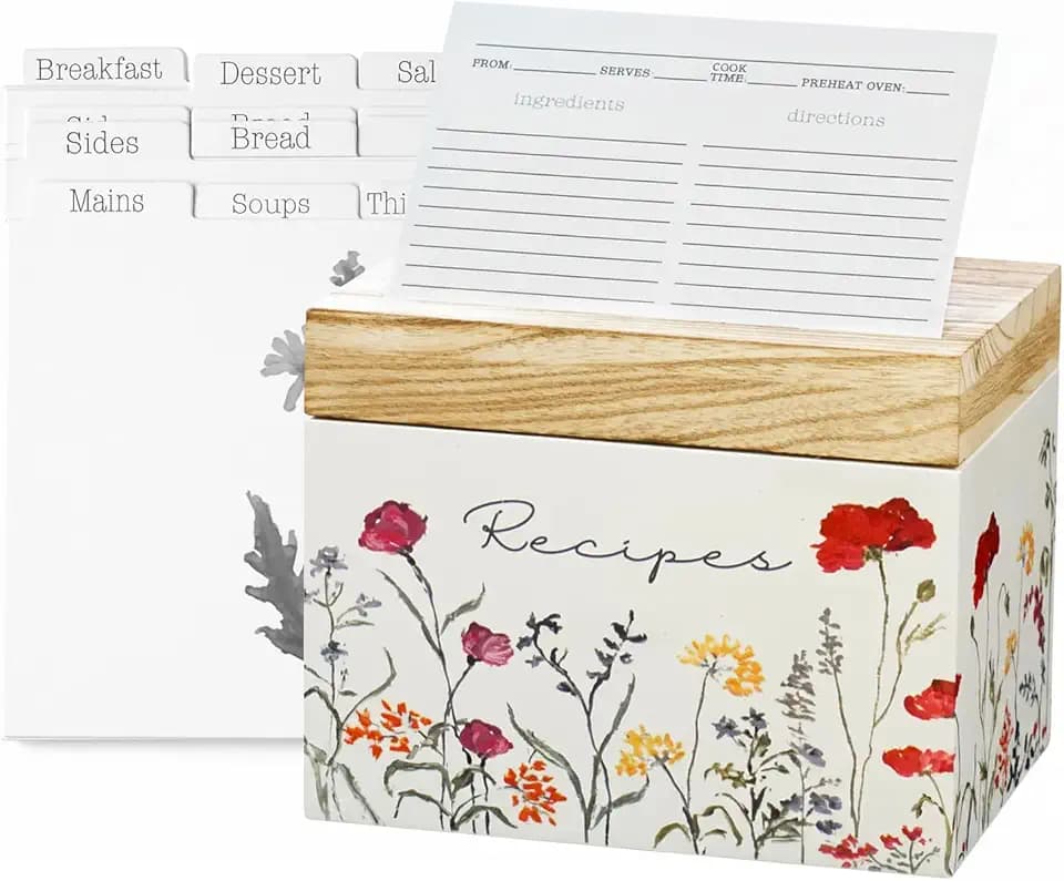 SENSORY4U Wooden Recipe Box with Cards & Dividers, Wildflower Design
