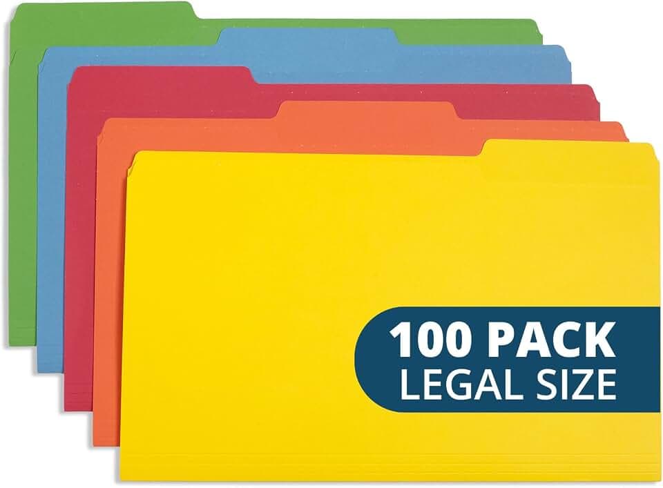 Blue Summit Supplies 100 File Folders, Legal Size, 1/3 Cut Tab, Assorted