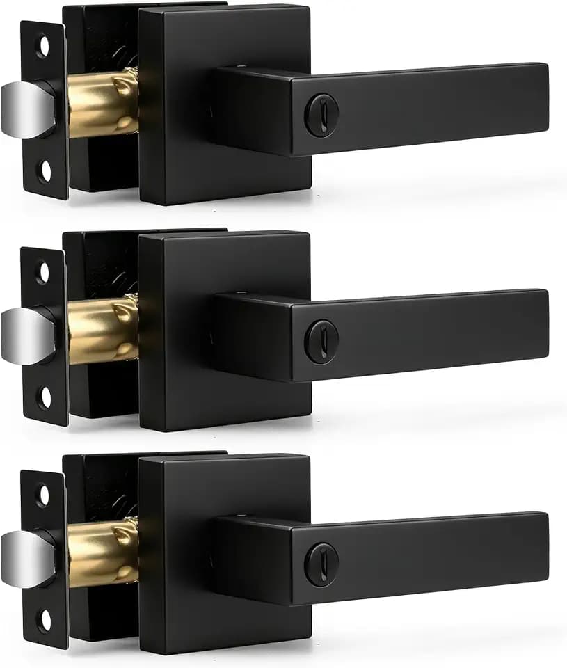 Probrico 3 Pack| Matte Black Square Privacy Door Levers Heady Duty Interior Door Handles, Keyless Locks Reversible Handlesets for Bed/Bath