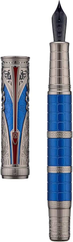 Hongdian D5X Fountain Pen Blue Color Fine Nib, Qin Dynasty Retro Chinese Totem Engraving Smooth Writing Pen with Converter and Pen Box Set