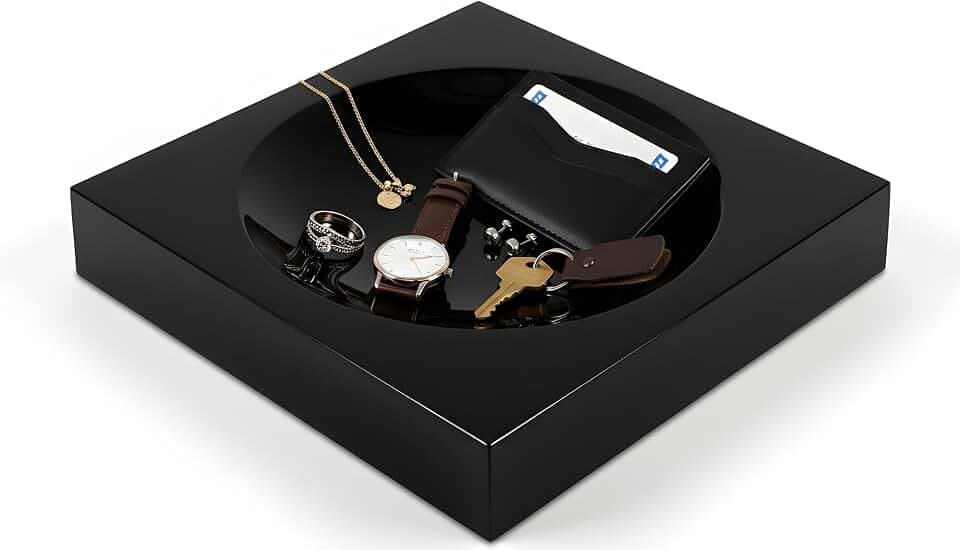 Black Acrylic Catchall Tray - Decorative Jewelry Dish & Vanity Organizer for Keys, Rings, Earrings | Modern Minimalist Home Decor for Dresser, Nightstand, Entryway