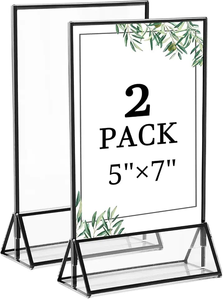 Floroom 2 Pack 5x7 Inch Clear Acrylic Sign Holders, Black Border Double-Sided Vertical Picture Frames & Display Stands for Table Numbers, Photos, Menus, Flyers, Weddings, Parties & Events
