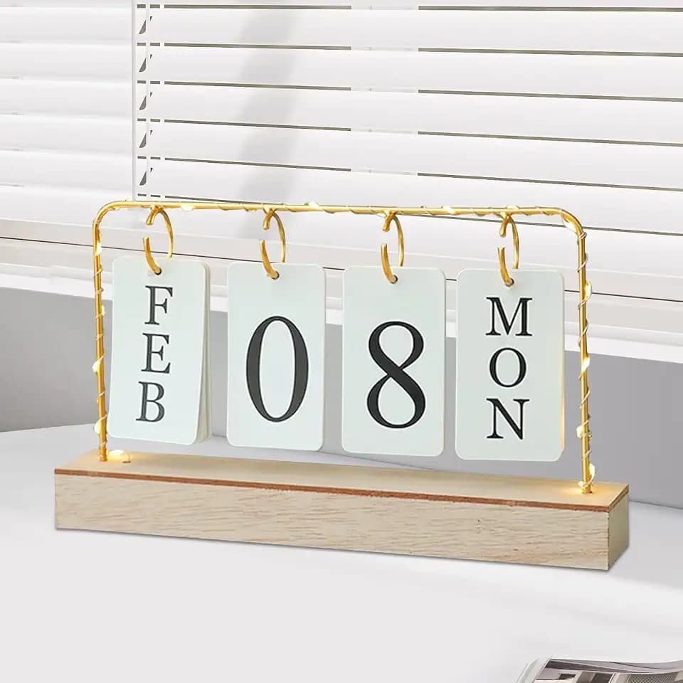 AUSTUFF Flip Wooden Perpetual Calendar Metal Desk Calendar