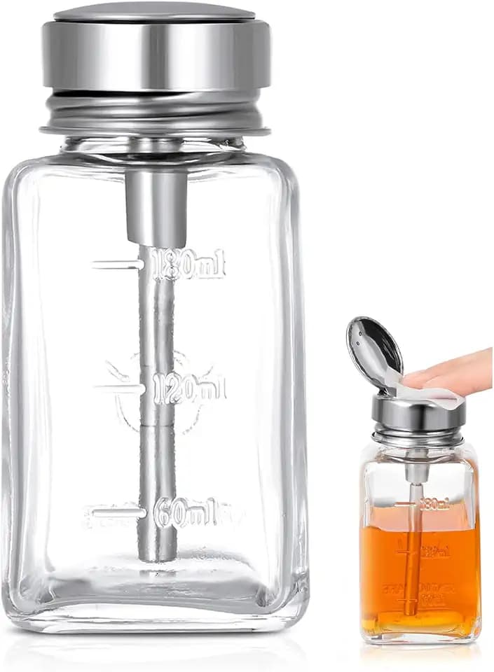 Glass Push Down Pump Dispenser, 6oz/180ml, Leak-Proof, Refillable, Clear, Cylindrical, for Acetone, Nail Polish Remover, Essential Oils (1 Pack)