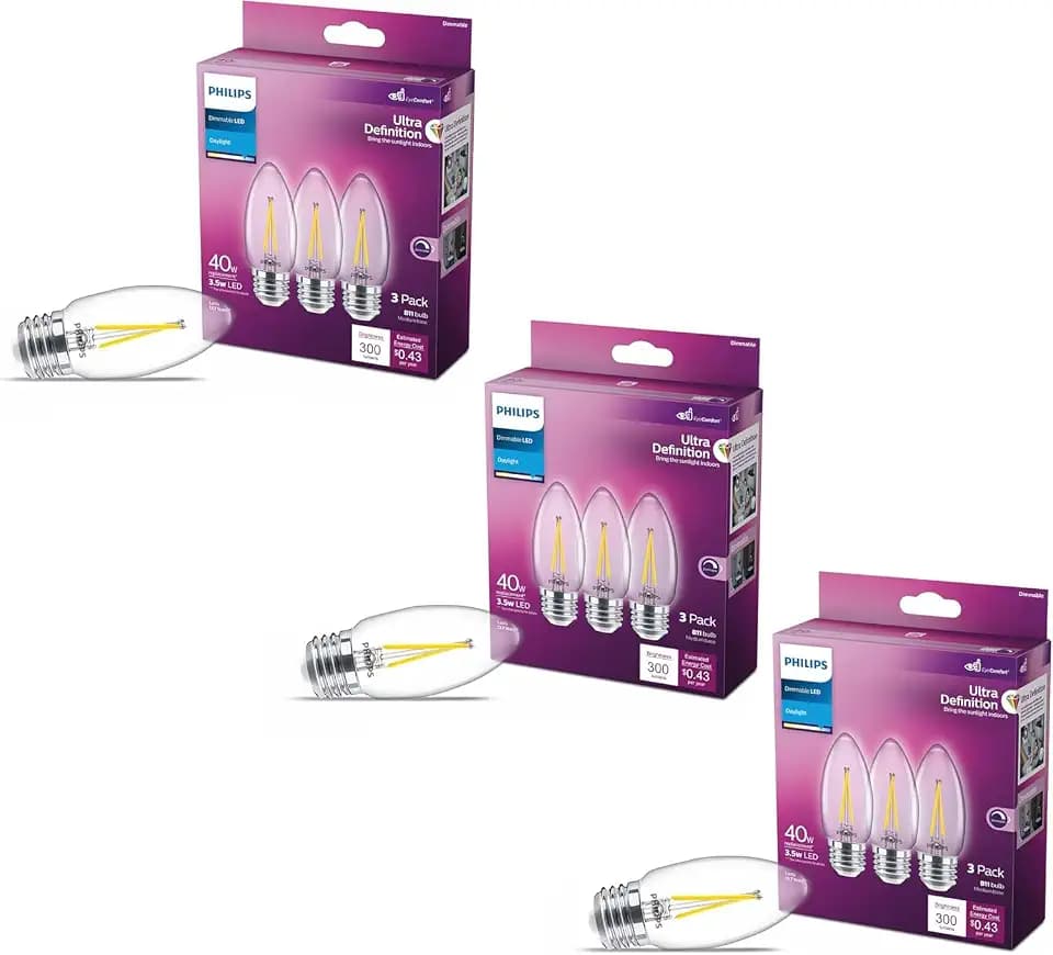 PHILIPS LED 40W B11 9-Pack Ultra Definition Daylight (5000K) 300 Lumen (3.5W = 40W) Dimmable Clear Flicker-Free Candelabra Light Bulbs