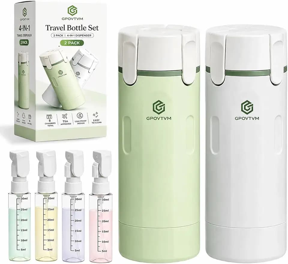 2 Pack 4 in 1 Travel Dispenser Bottle Four One Items Toiletry Containers Shampoo for Toiletries 4in -1 Soap 4-in-1 Leak Proof Rotatable Setpump Creams Sized TSA Refillable Lotion Cosmetic to Fill