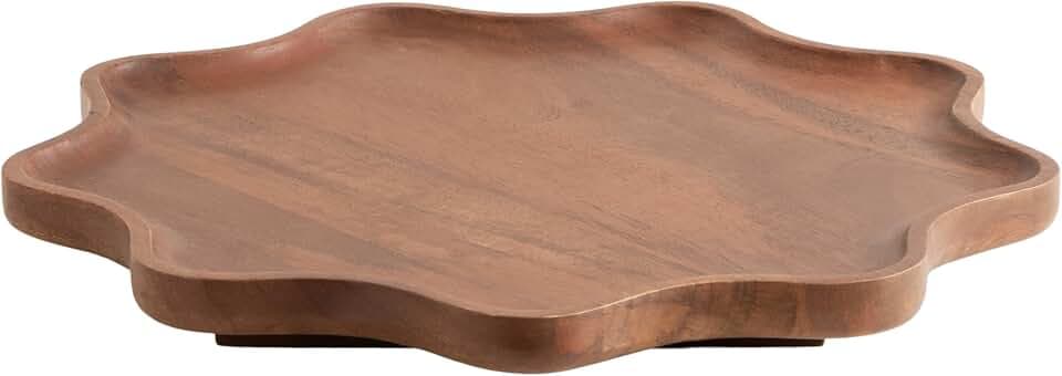 Kate and Laurel Alezar Mango Wood Wavy Round Lazy Susan Tray, 18 Inch Diameter, Walnut Brown, Scalloped Wooden Countertop Organizer with Turning Lazy Susan for Kitchen Storage or Ottoman Tray