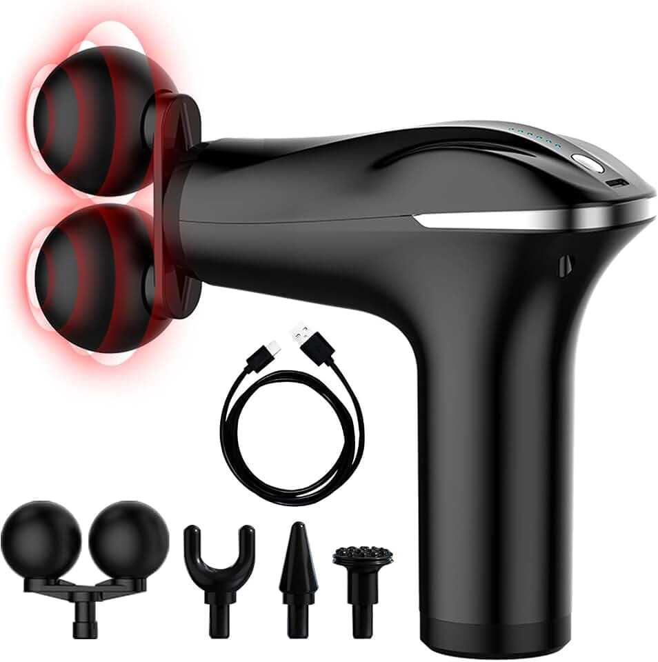 Handmassagepistole Tiefengewebe Doppelköpfe, tragbares Muskelpercussion-Massagegerät mit 6 Geschwindigkeiten, leises Muskeltherapie-Massagegerät für Sportler, Workout, Schulter-Körper,