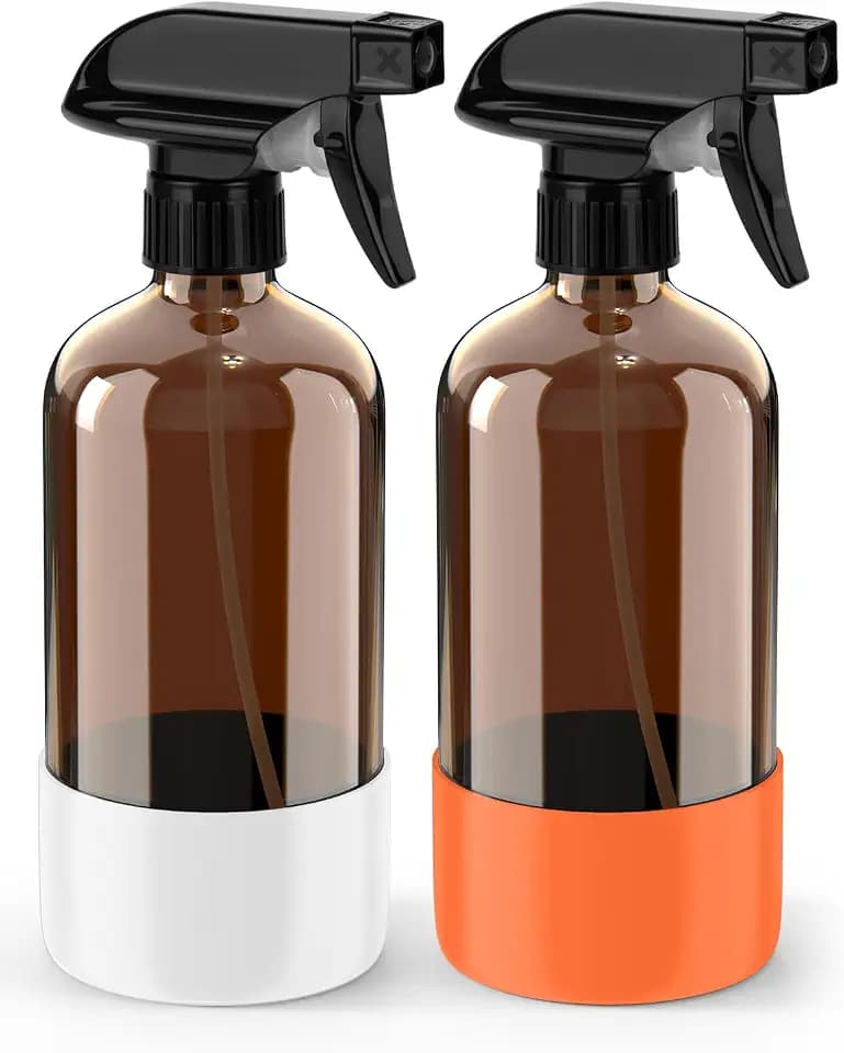 Bontip Glass Spray Bottle with Silicone Sleeve Protection, Amber Glass Spray Bottle Set for Window Cleaner Aromatherapy Facial Hydration Watering Flowers Hair Care 2 Pack/16 oz (White & Orange, 16 oz)