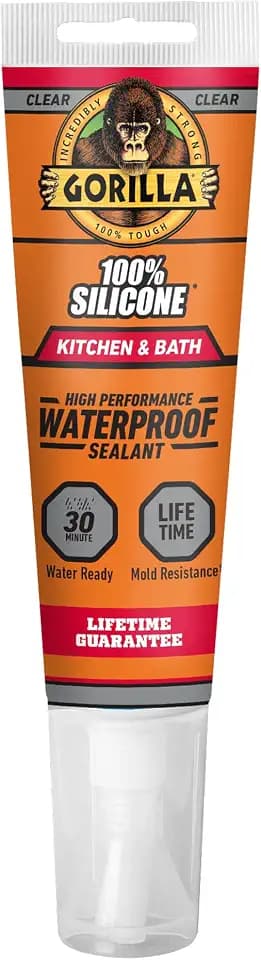 Gorilla 100% Silicone Kitchen & Bath Sealant Caulk, 2.8 fl oz, Clear, Waterproof, Mold Resistant, Easy Touch-Up Caulking for Sinks, Tubs, Showers, Tile, Faucets & Countertops