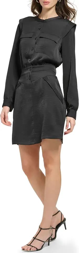 DKNY Polyester Short Button Front Long Sleeve Dress