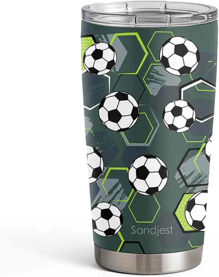SANDJEST Soccer Tumbler Stainless Steel 20oz, Insulated Travel Coffee Cup, Sport Tumblers Gifts for Soccer Lovers, Men, Coach, Birthday, Christmas
