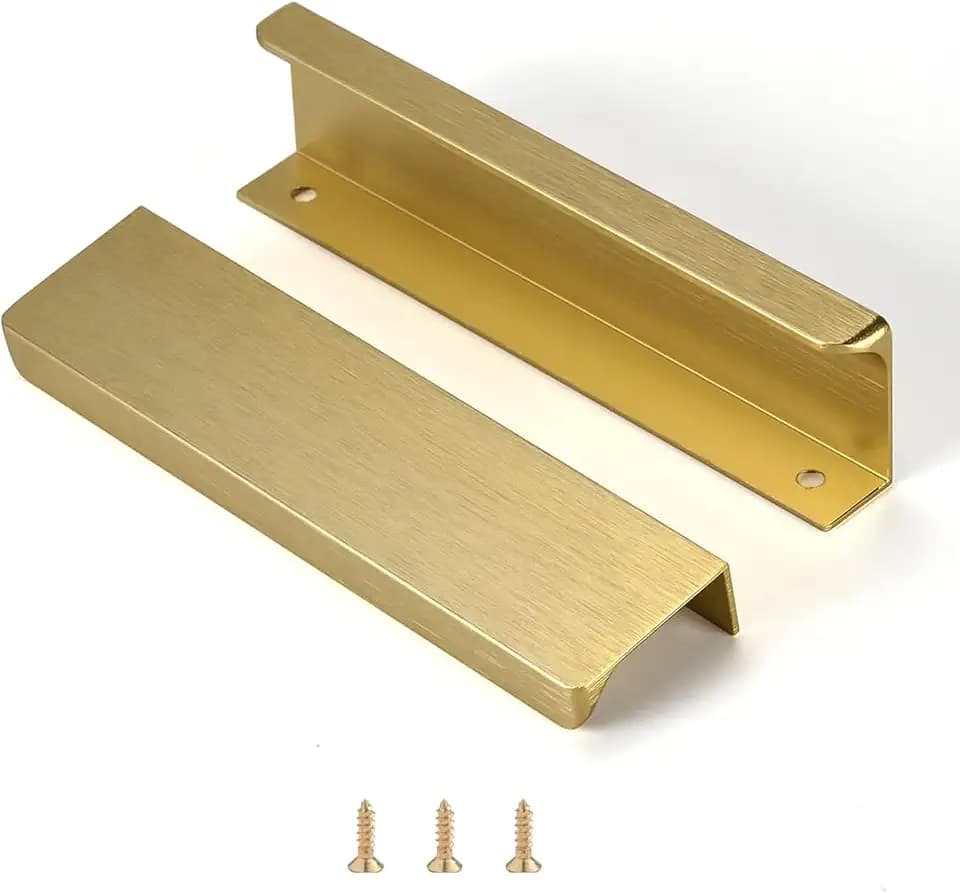 Satanga Edge Finger Tab Pull for cabinets Kitchen Concealed Drawer pulls Aluminum Hidden Back Mount Door Handle for Home Pack of 6 Modern Brushed Brass 5" Hole Center Easy Installation