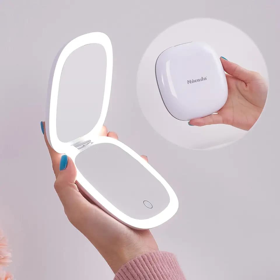 Mocado Compact LED Magnifying Travel Makeup-Mirror - 4 inches 1X/10X Magnification Small Hand Pocket Dimmable Double Sided USB Rechargeable Touch Screen, Portable Tabletop Cosmetic (White)