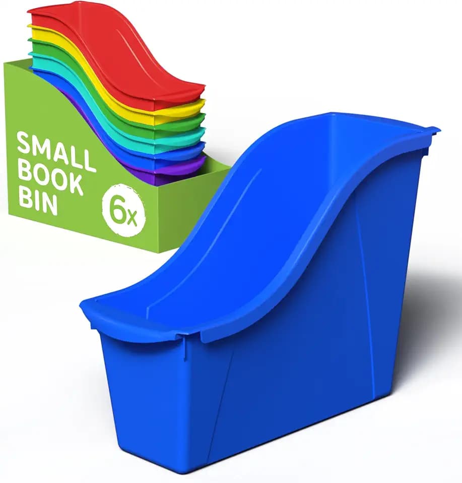 Storex Small Book Bin – Interlocking Plastic Organizer for Home, Office and Classroom, Assorted STEM, 6-Pack (70113A06C)