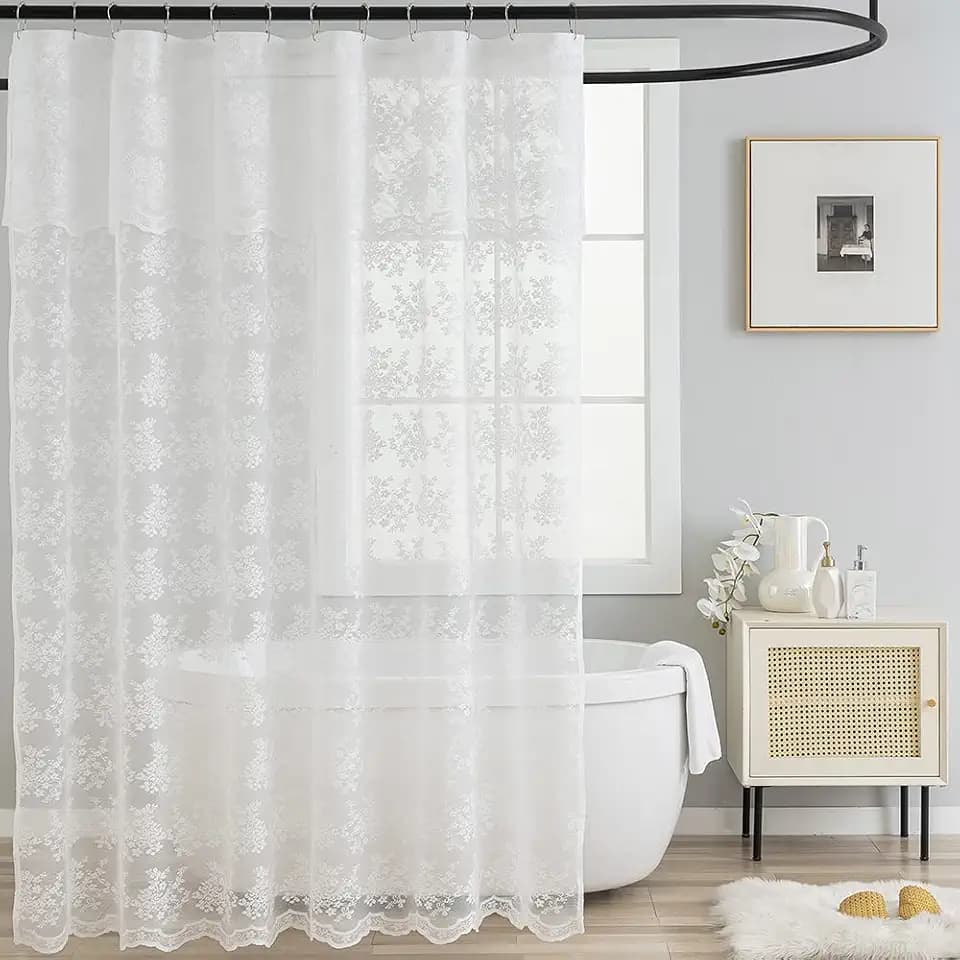 TUDECO White Lace Shower Curtain with Attached Valance 72 x 72 Inch