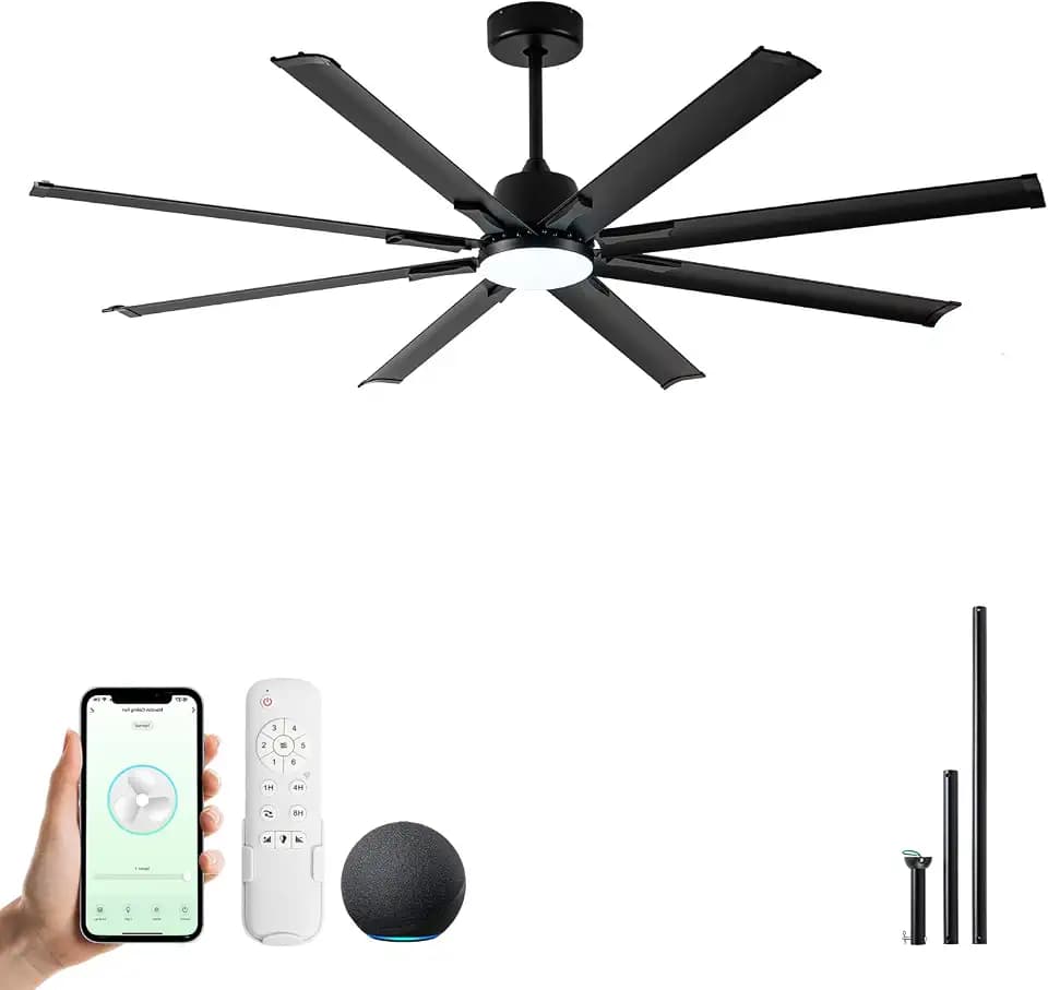Minislak 72 Inch Smart Outdoor Ceiling Fan with Light,Black Aluminum Blade