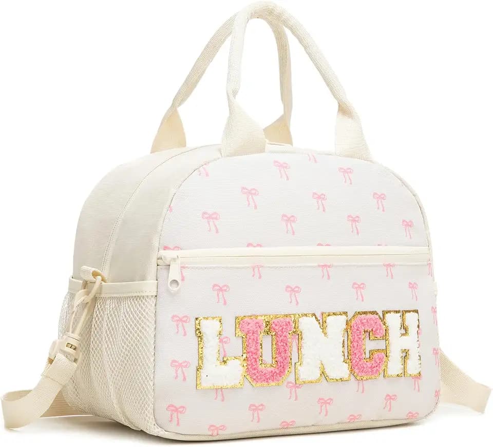 ESDOAGD Lunch Box For Women Girls, Lnsulated Lunch Bag,Reusable Collapsible Cooler Lunch Box, Lnsulated, Leak-Proof, And Lightweight ,For Work, Picnic, Travel, Meal Prep, School(9L Bow & off-white)
